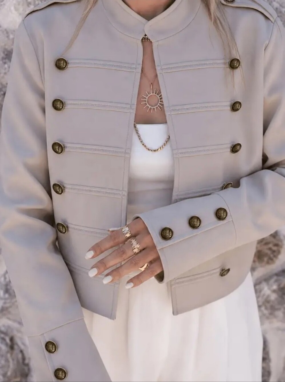 Retro Double-Row Metal Buckle Stand-Up Collar Short Top Women'S Visible Thread